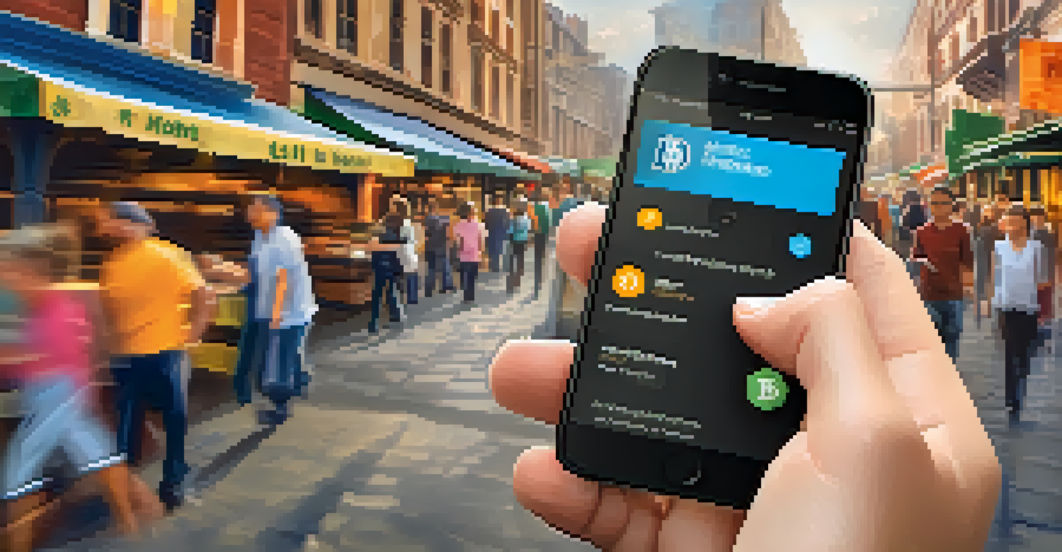 A close-up of a hand holding a smartphone with a Bitcoin wallet app, set against a blurred market scene.