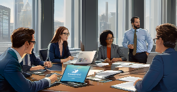 A diverse group of professionals discussing cryptocurrency regulations in a modern office, with legal documents and technology present.