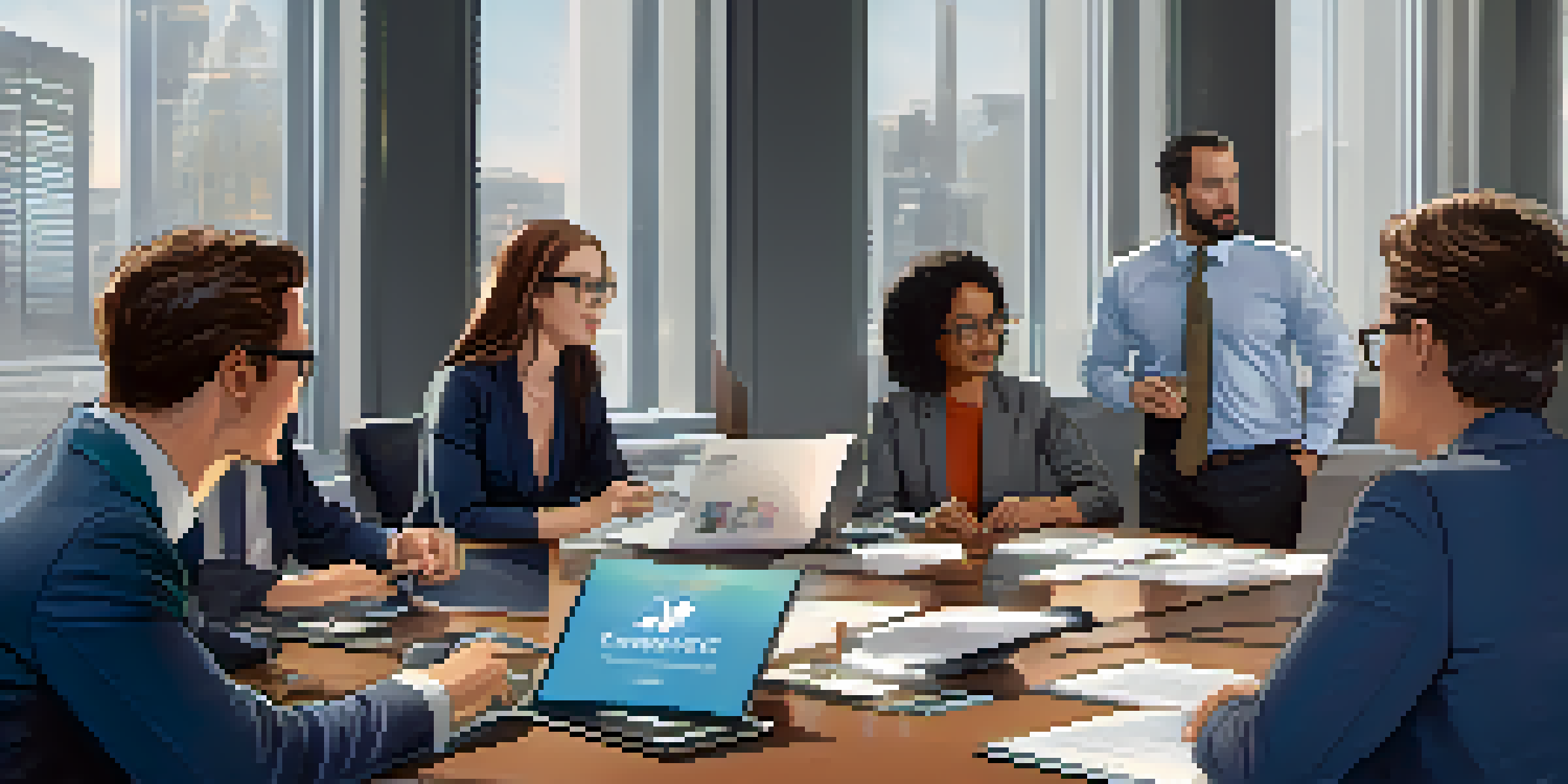 A diverse group of professionals discussing cryptocurrency regulations in a modern office, with legal documents and technology present.