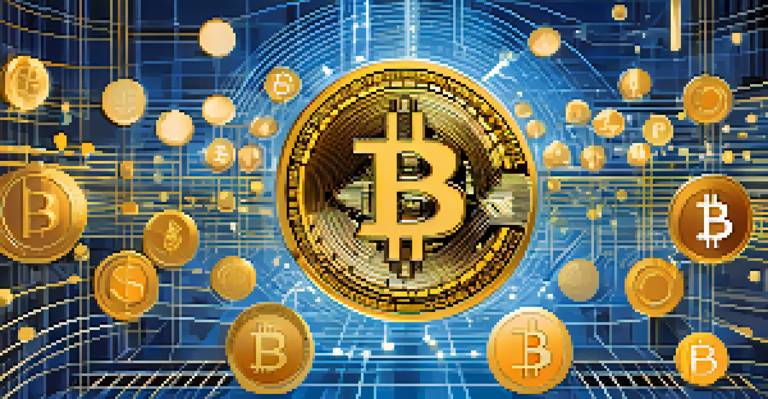An abstract image showing a rising cryptocurrency market graph with Bitcoin symbols.