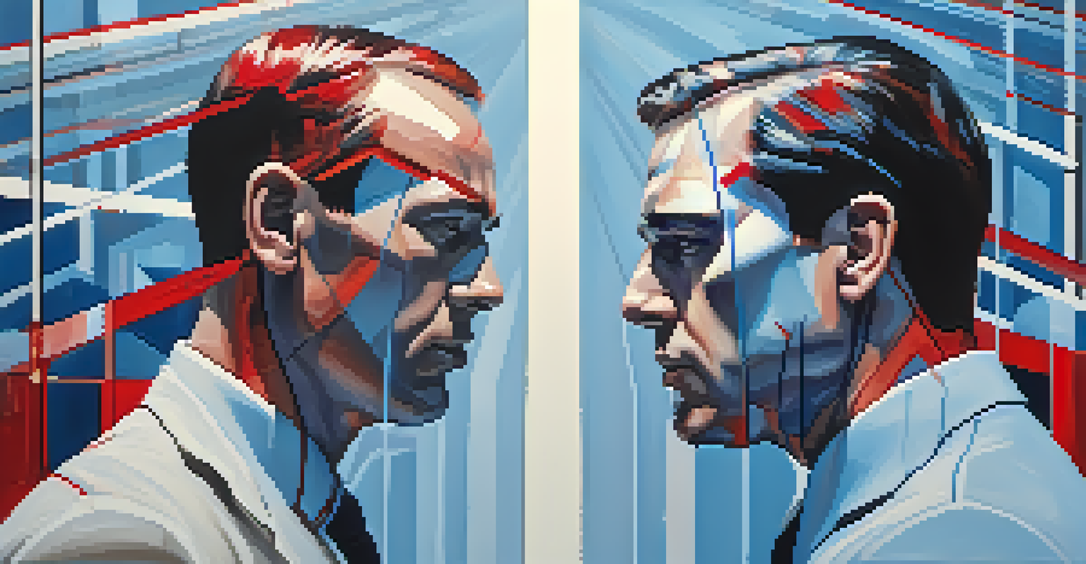 An abstract image showing a calm trader in blue tones on one side and a stressed trader in chaotic red tones on the other, depicting emotional trading.