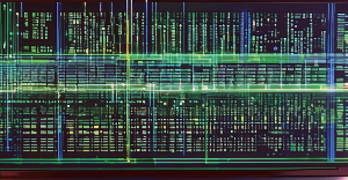 A computer screen displaying a digital ledger with blockchain transactions, highlighted by blue and green lighting.