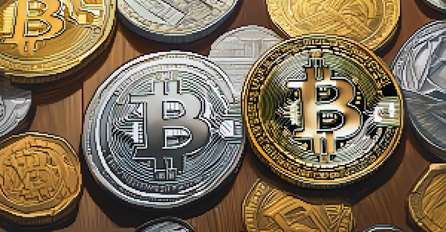 A detailed view of a Bitcoin coin on a wooden desk, with various international currencies softly blurred in the background.