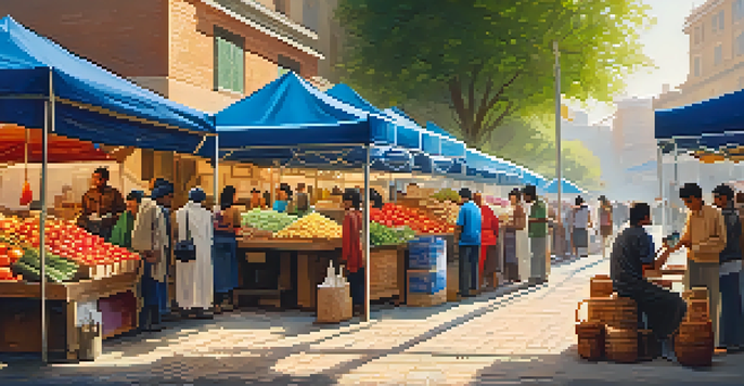 A colorful market with diverse people using smartphones for transactions, surrounded by stalls of fresh produce and goods under warm sunlight.