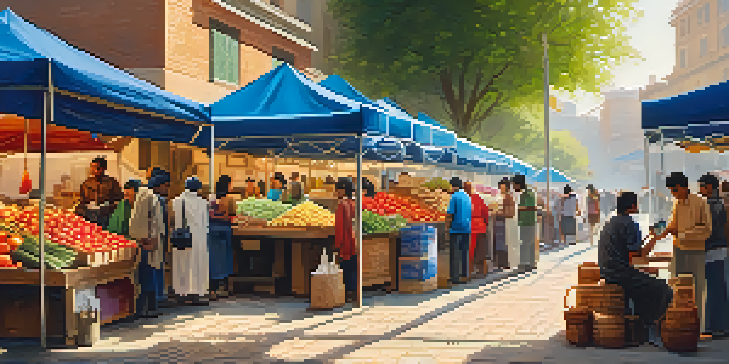 A colorful market with diverse people using smartphones for transactions, surrounded by stalls of fresh produce and goods under warm sunlight.