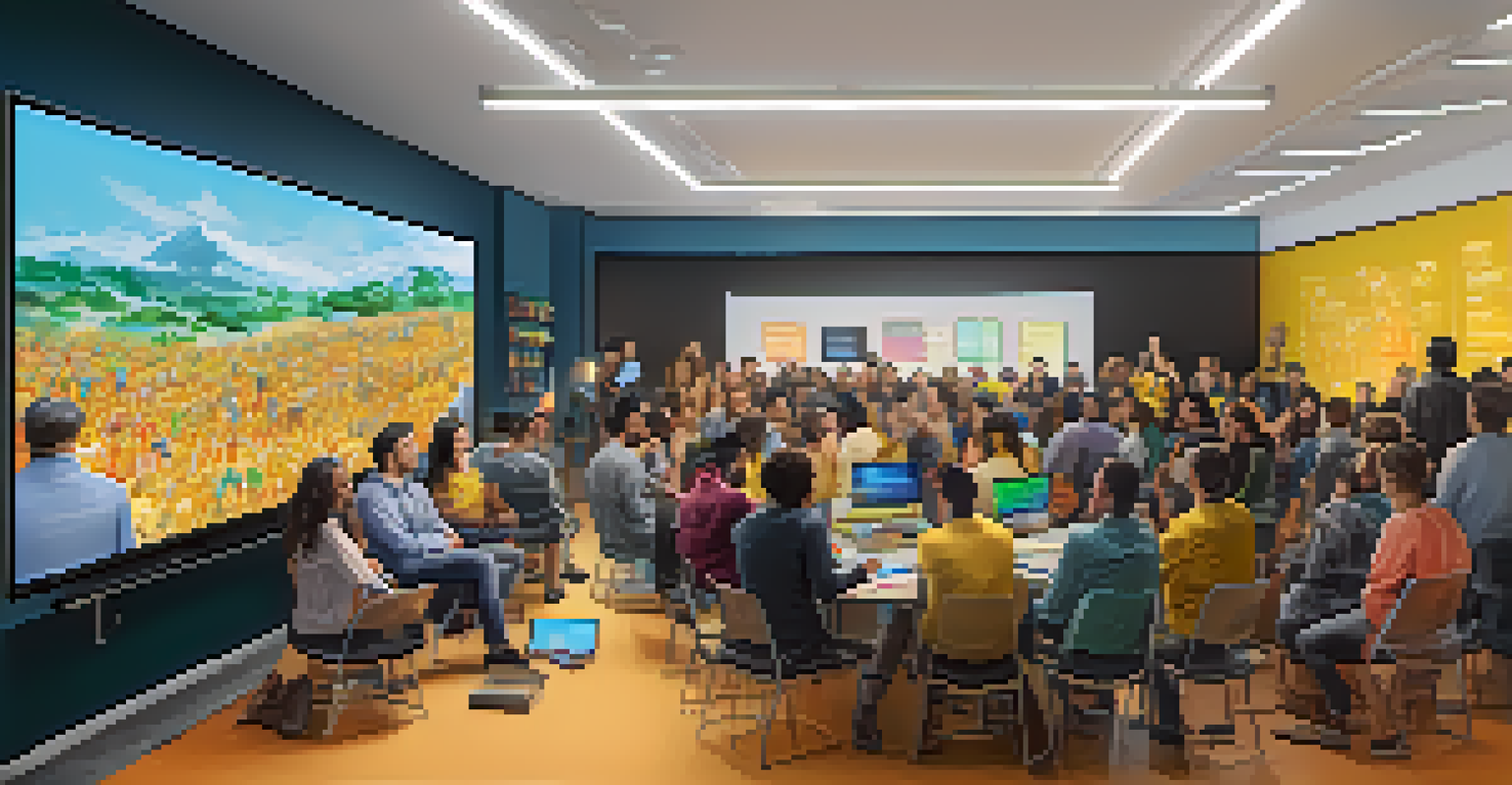 A diverse group of people engaged in a live stream about Bitcoin trading strategies in a colorful room with a whiteboard.