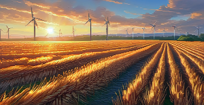 A serene landscape with a digital farming field, golden wheat, a sunset, and a futuristic wind turbine in the background.
