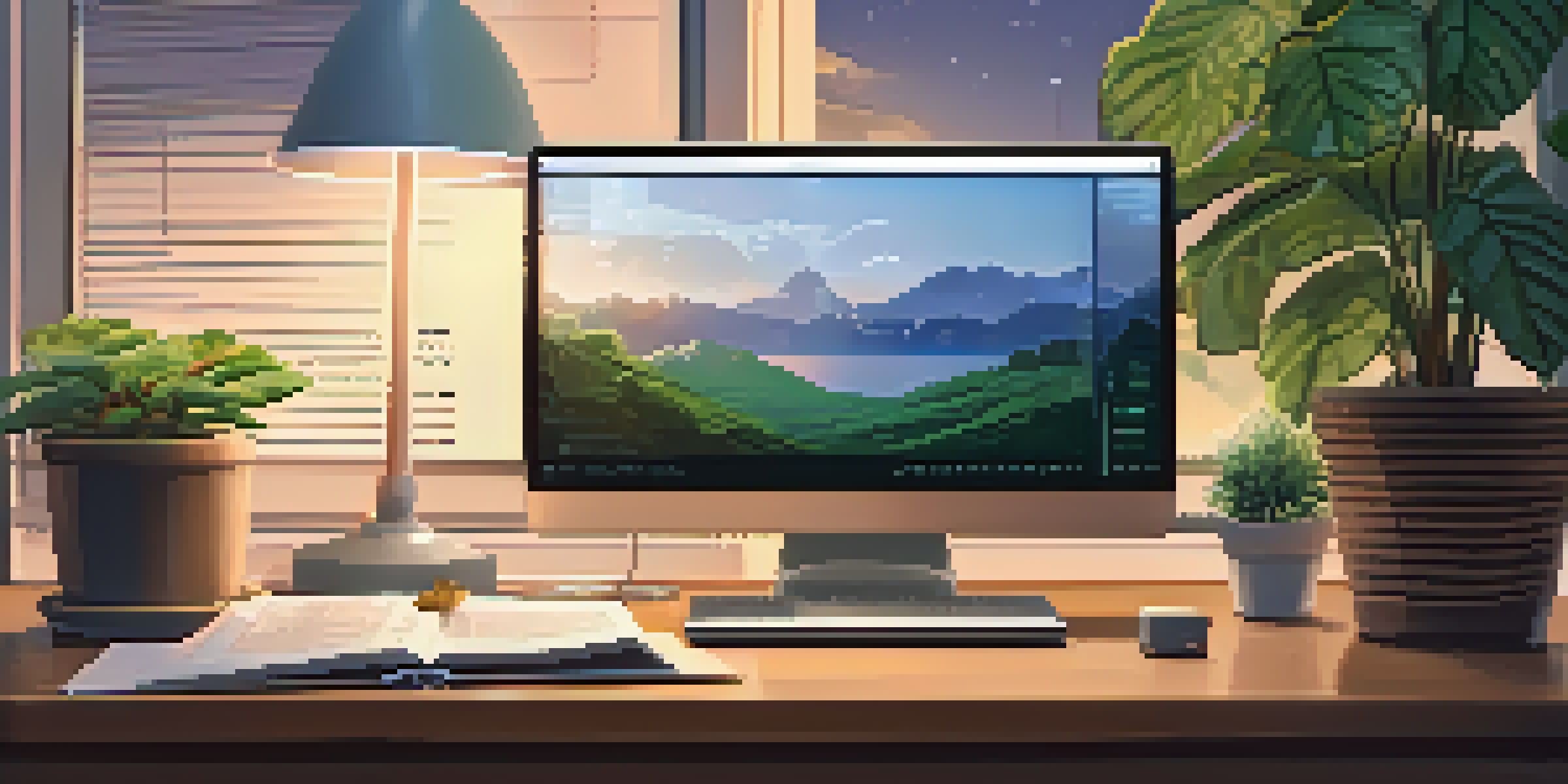 A trading desk featuring a laptop with Bitcoin charts, a notepad, and a plant, illuminated by warm lighting.