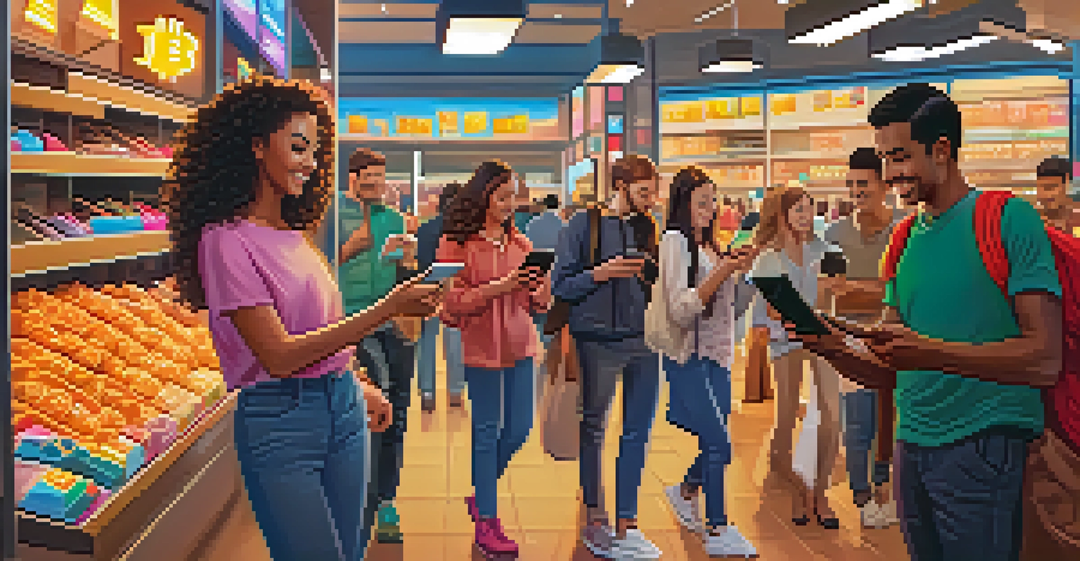 A diverse group of shoppers using smartphones to make Bitcoin purchases in a bright retail environment.