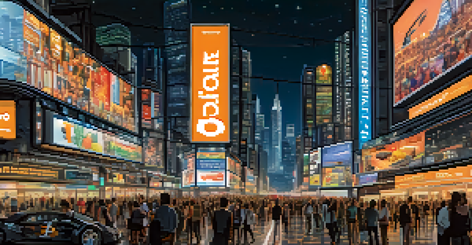 A cityscape at night with digital billboards showing bitcoin prices and advertisements, filled with people.