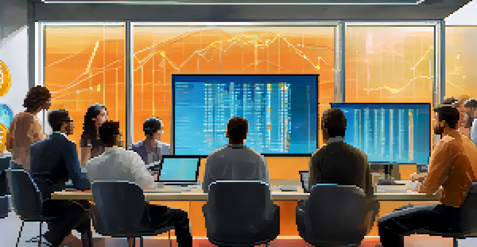 A group of diverse people in a modern office looking at a digital screen showing Bitcoin's price chart.