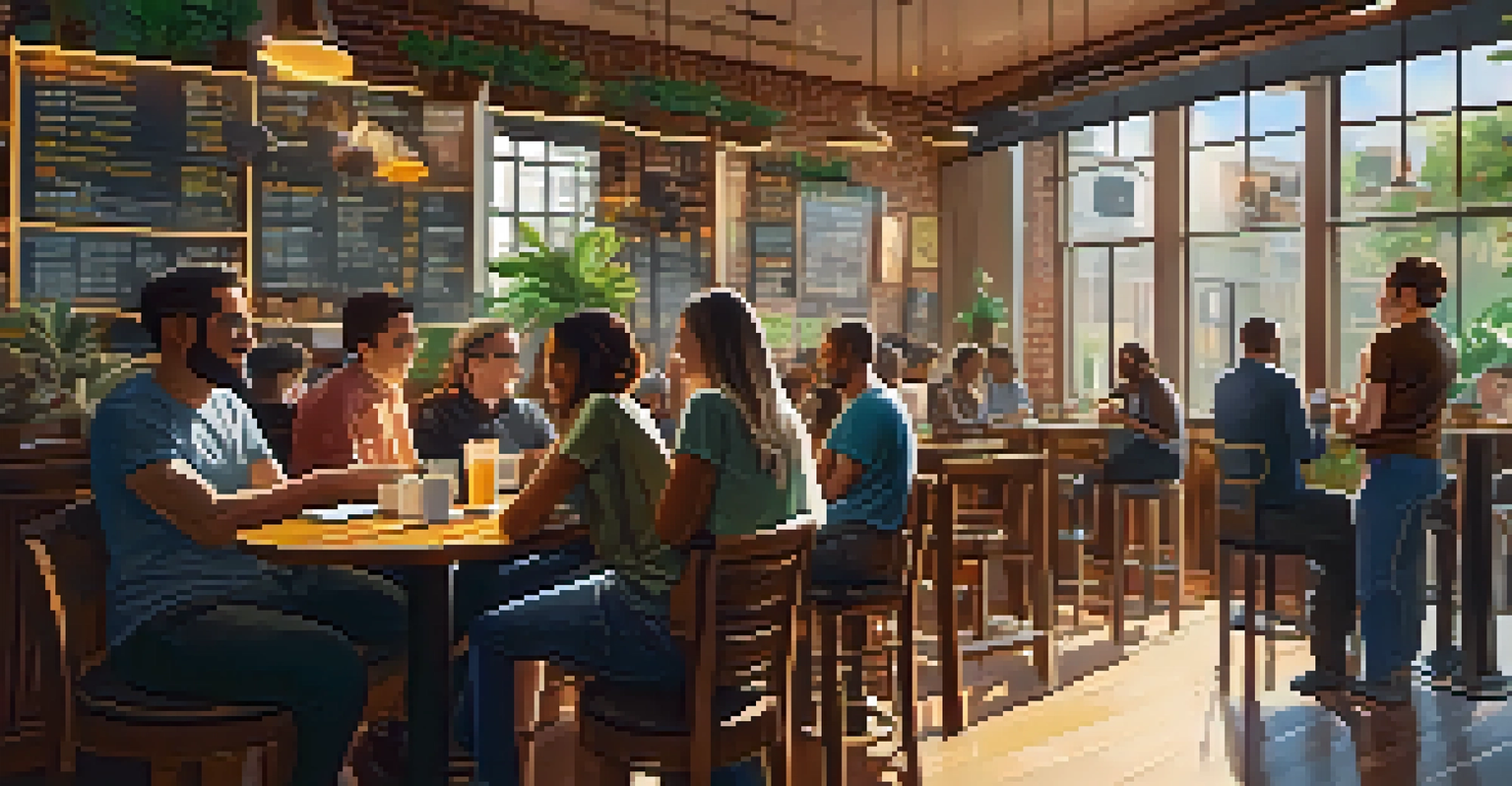 A lively coffee shop with diverse individuals discussing Bitcoin, surrounded by laptops and smartphones showing market data.