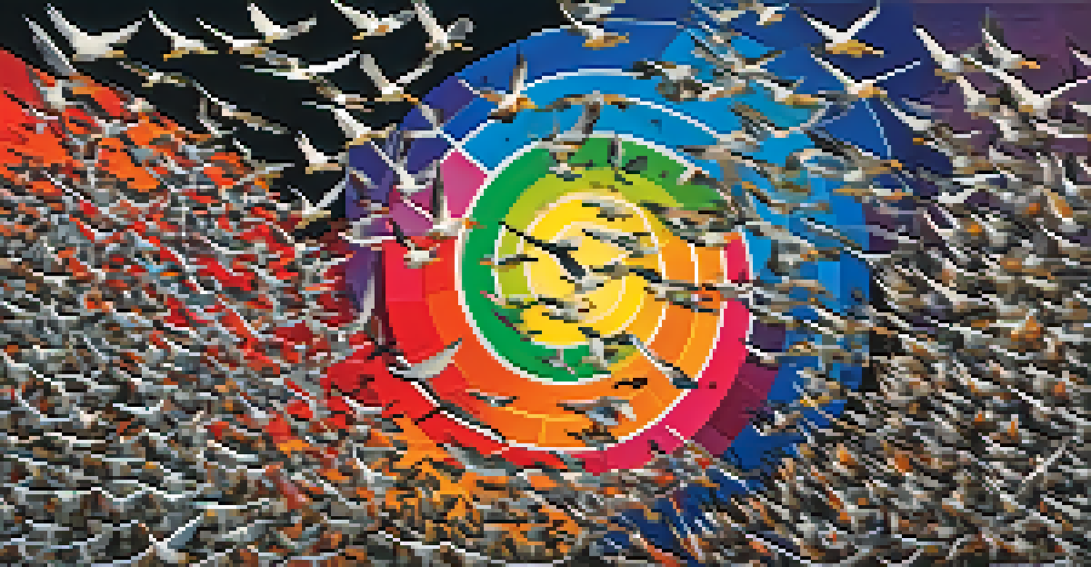 A flock of birds in flight with one bird separating from the group against a backdrop of market data.