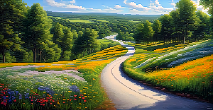 A picturesque view of a fork in a road surrounded by greenery and flowers, symbolizing choices.