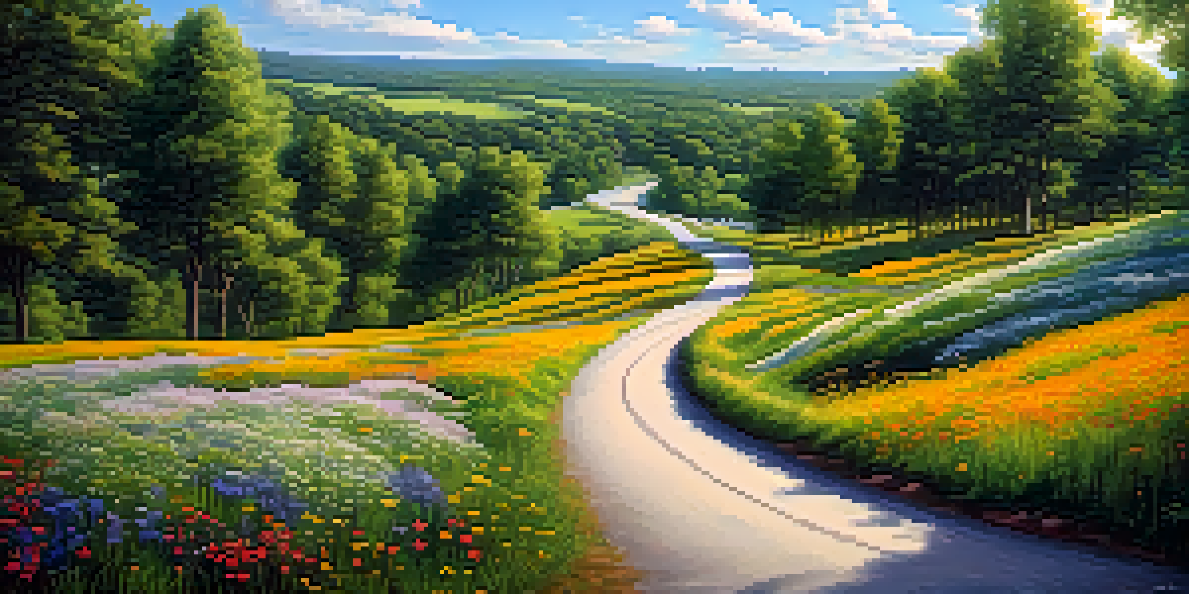 A picturesque view of a fork in a road surrounded by greenery and flowers, symbolizing choices.