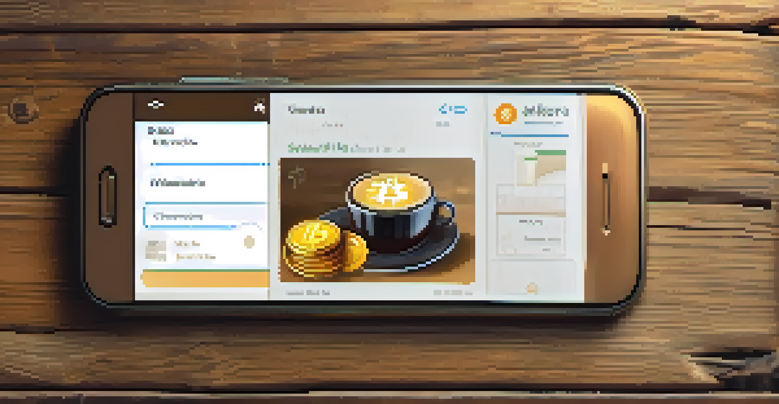 A close-up of a smartphone showing a digital wallet app for Bitcoin transactions, placed on a wooden table with coffee.