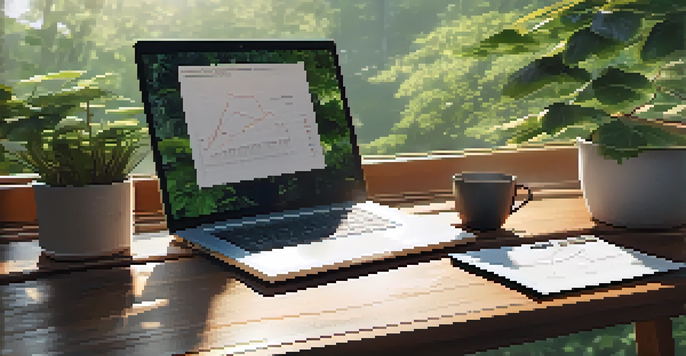 A peaceful outdoor workspace with a wooden desk, laptop displaying charts, and a cup of coffee, surrounded by greenery and sunlight filtering through leaves.