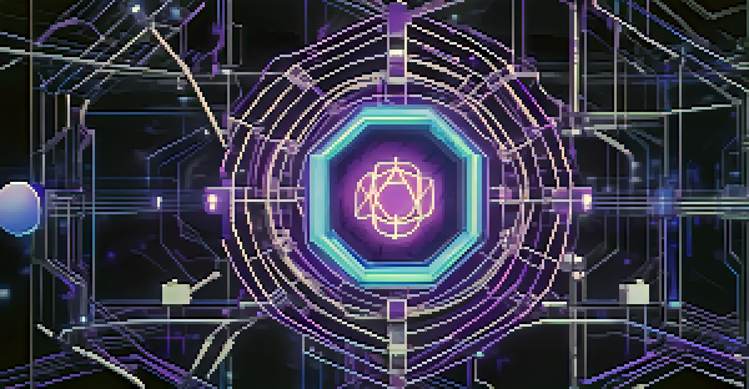 An abstract image of a glowing blockchain symbol surrounded by interconnected nodes, representing decentralized identity with various digital data icons.