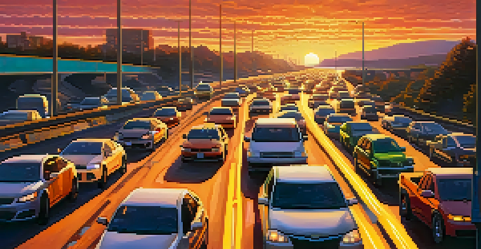 A busy highway filled with cars in traffic during sunset, representing Bitcoin's scalability issues.