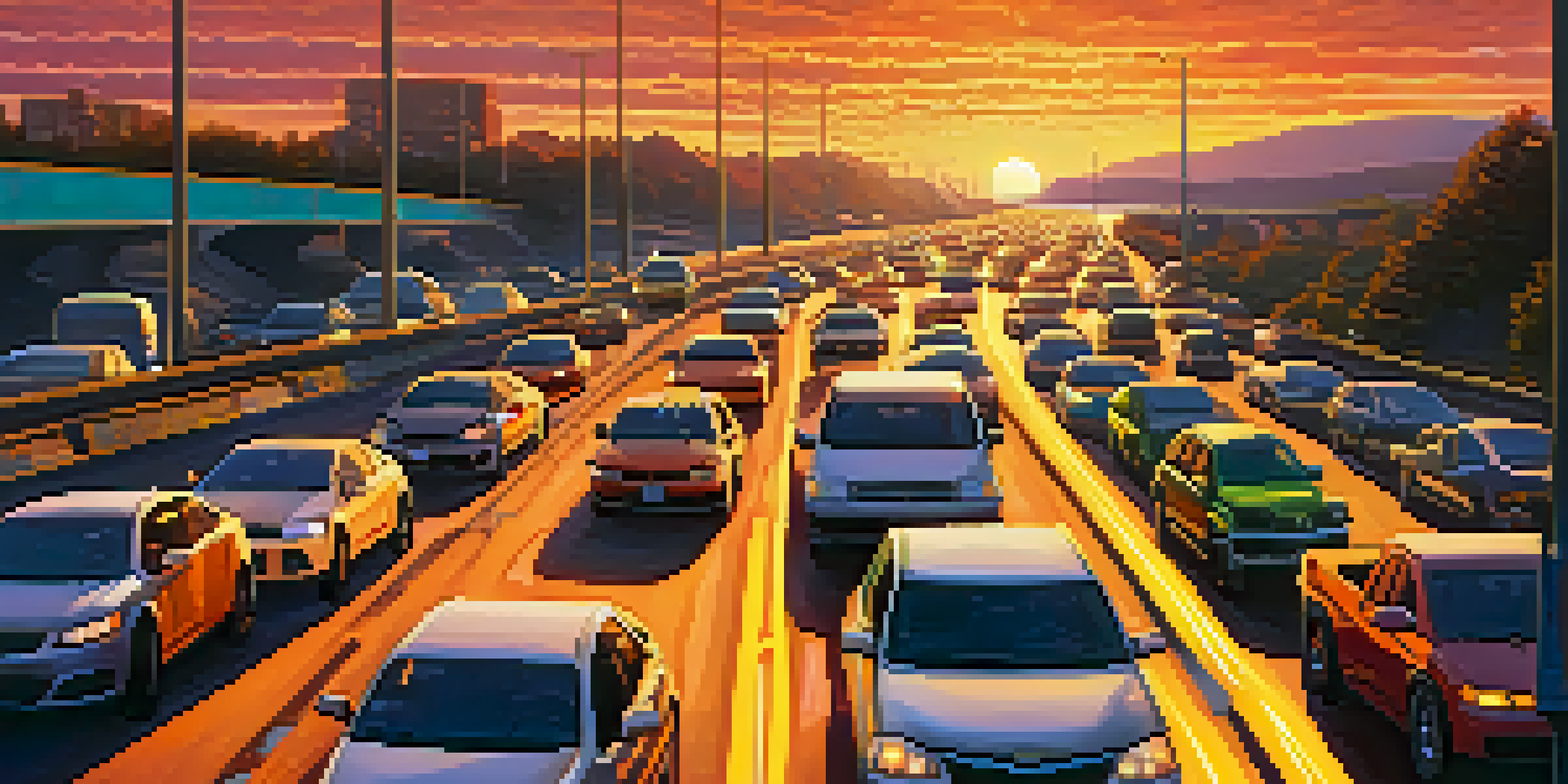 A busy highway filled with cars in traffic during sunset, representing Bitcoin's scalability issues.