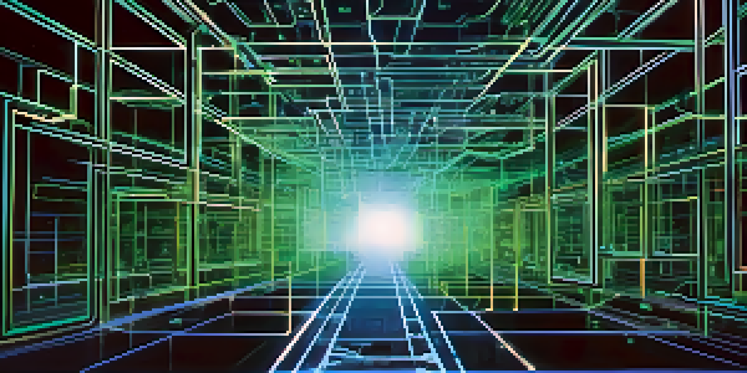 A detailed representation of a blockchain network with interconnected blocks and glowing lines on a dark background.