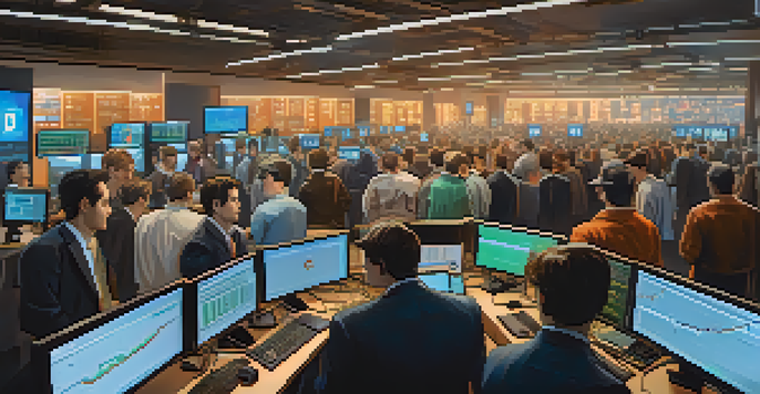 A busy cryptocurrency trading room with traders observing charts and graphs, showing various emotions.