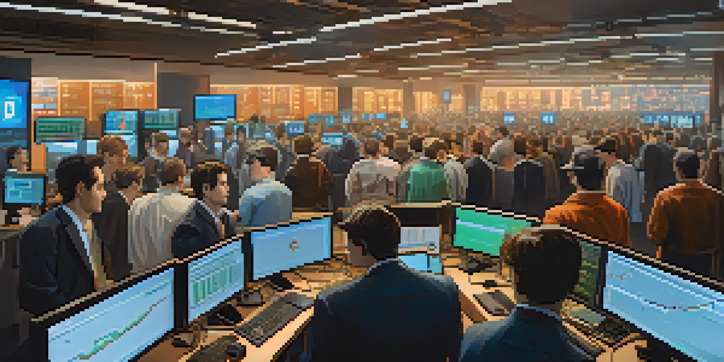 A busy cryptocurrency trading room with traders observing charts and graphs, showing various emotions.