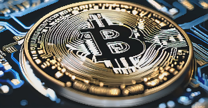 A close-up of a Bitcoin coin on a circuit board with a blue and black gradient background.