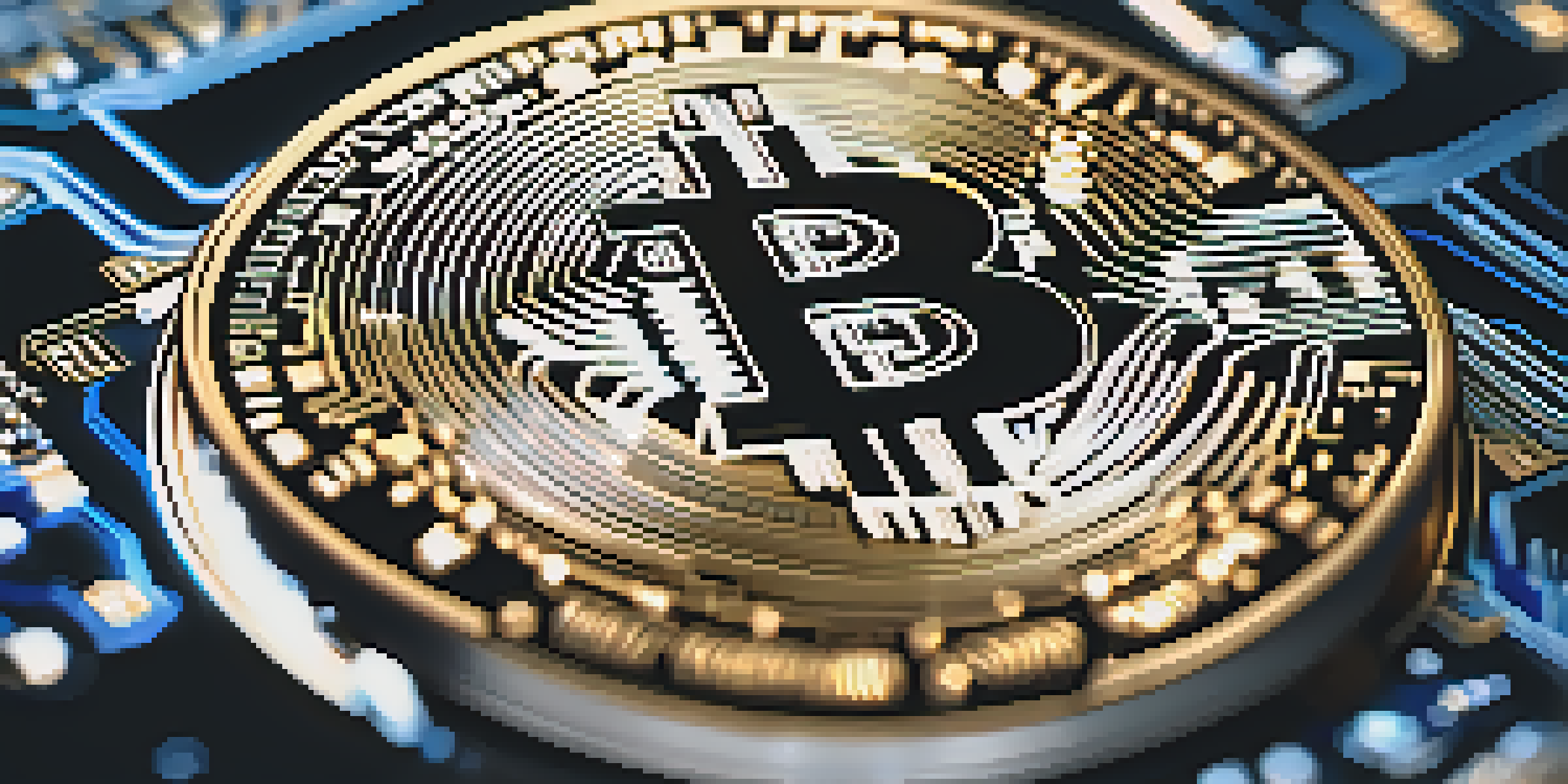 A close-up of a Bitcoin coin on a circuit board with a blue and black gradient background.