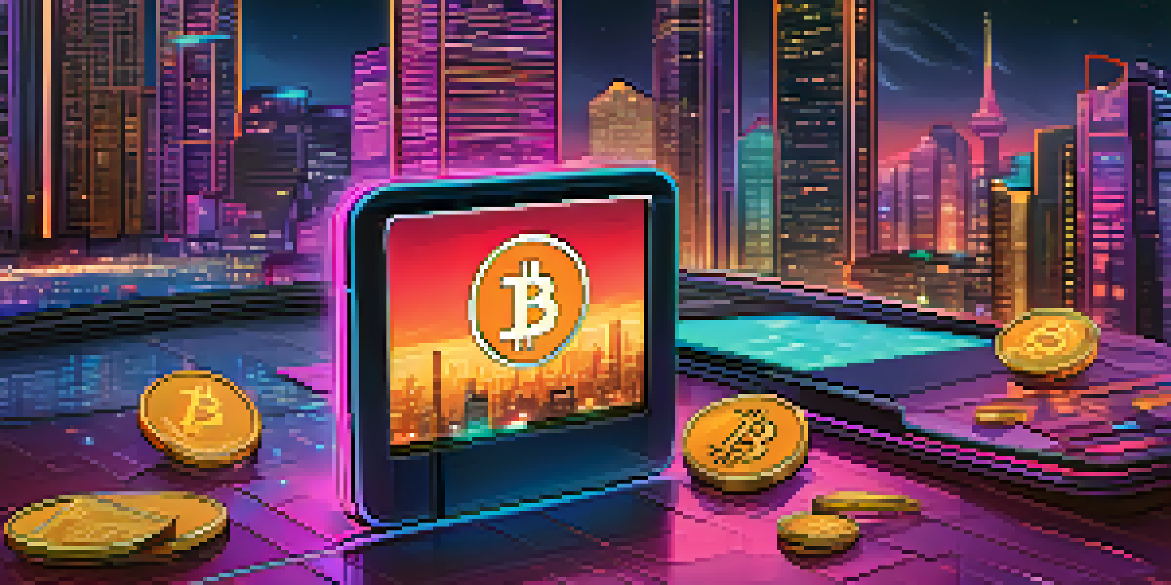 A digital wallet displaying cryptocurrencies like Bitcoin and Ethereum in a futuristic cityscape at dusk, illuminated by neon lights.