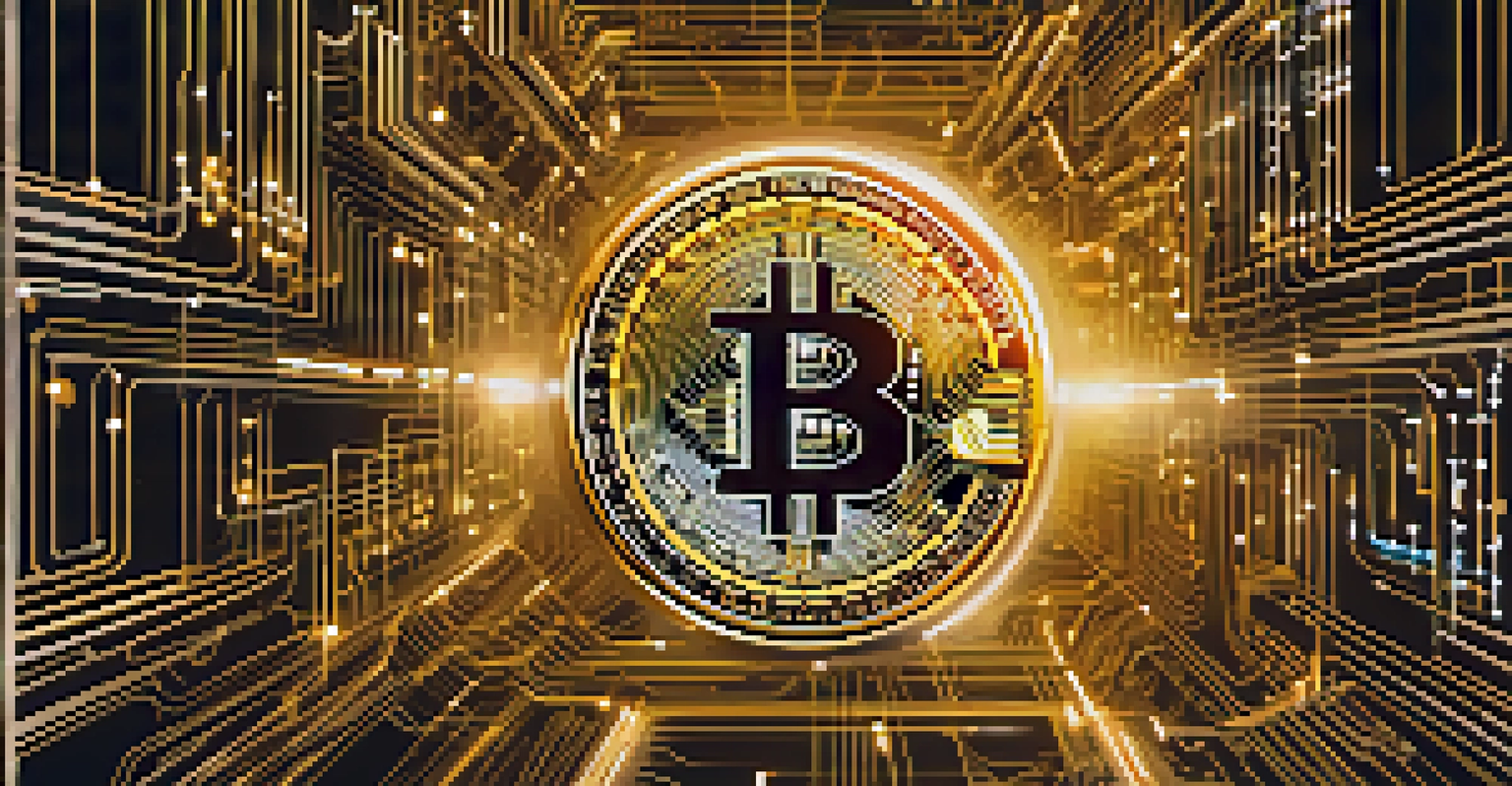 Artistic visualization of the Bitcoin blockchain with interconnected golden blocks and data streams.