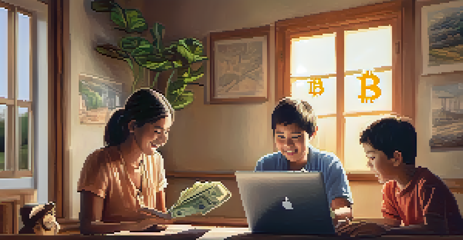 A family in a rural home excitedly receiving Bitcoin funds on a laptop.