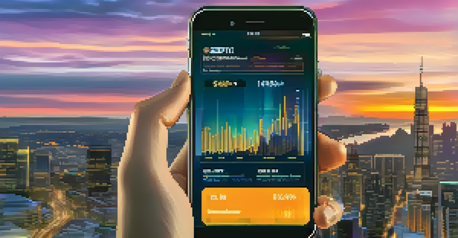 A close-up of a hand holding a smartphone with a cryptocurrency trading app, set against a sunset city skyline.