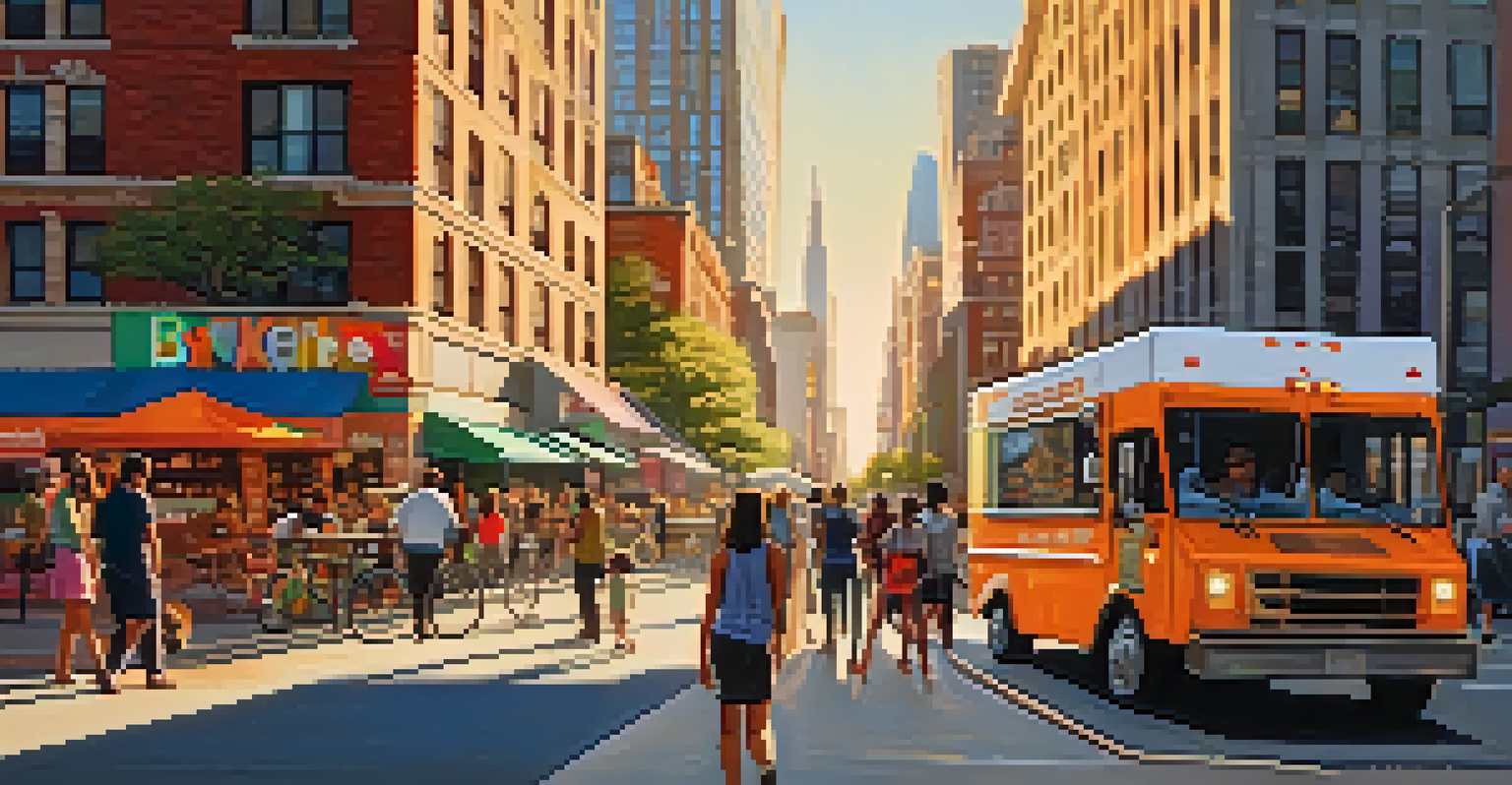 A vibrant urban street scene at golden hour, featuring people walking, modern skyscrapers, and a food truck.
