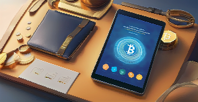 A digital wallet interface on a tablet, surrounded by cryptocurrency icons, with a warm color palette and a glowing screen.