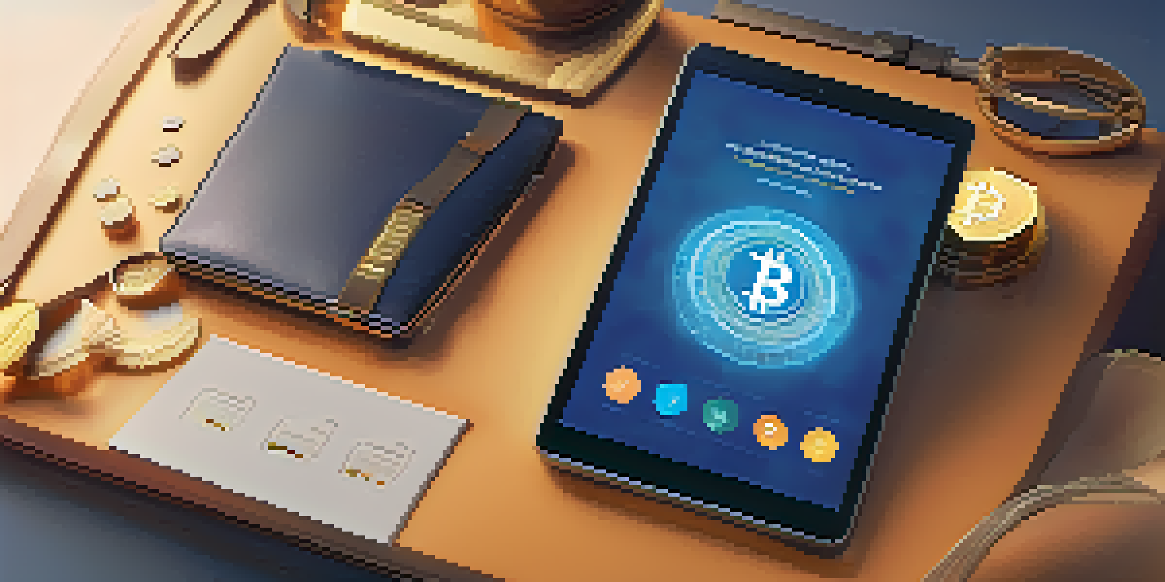 A digital wallet interface on a tablet, surrounded by cryptocurrency icons, with a warm color palette and a glowing screen.