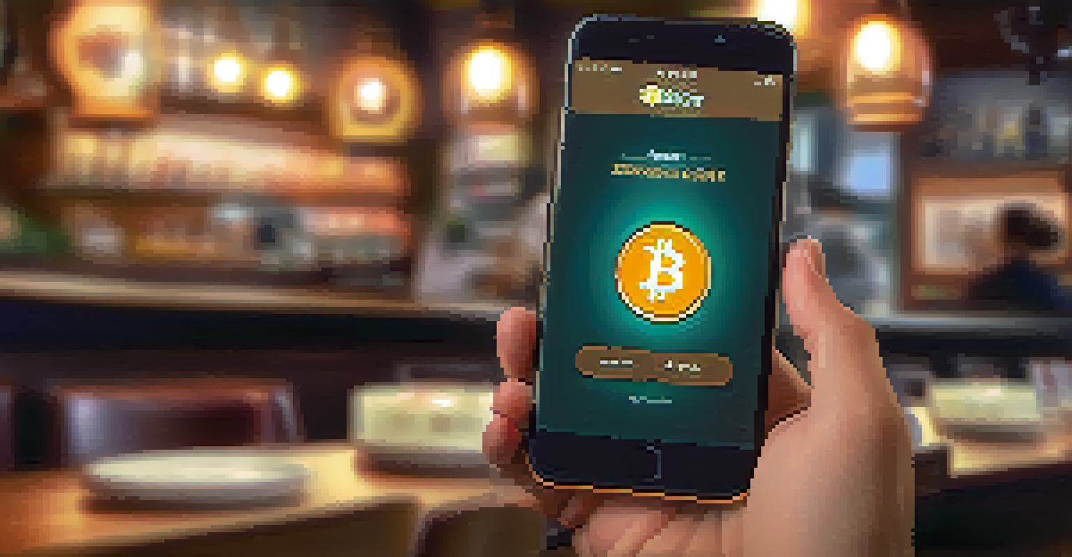 A close-up of a smartphone showing a Bitcoin wallet app, with a hand interacting with the screen in a cozy café setting.