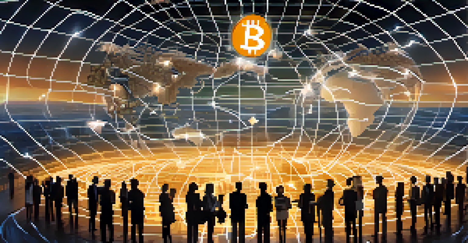 A digital network of Bitcoin symbols connecting people around a glowing world map, representing decentralization.