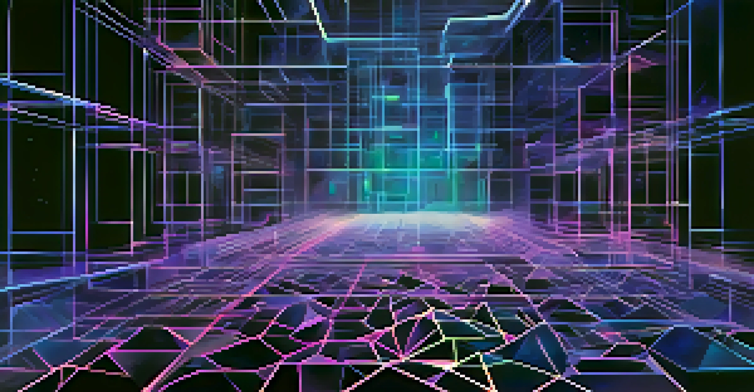 An artistic representation of a blockchain network with glowing interconnected blocks in a dark space, symbolizing security and innovation.