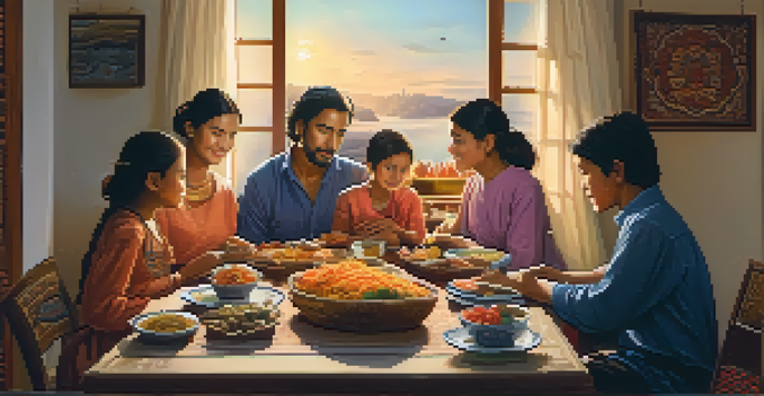 A family gathered around a table filled with food in a cozy home, symbolizing the importance of remittances.