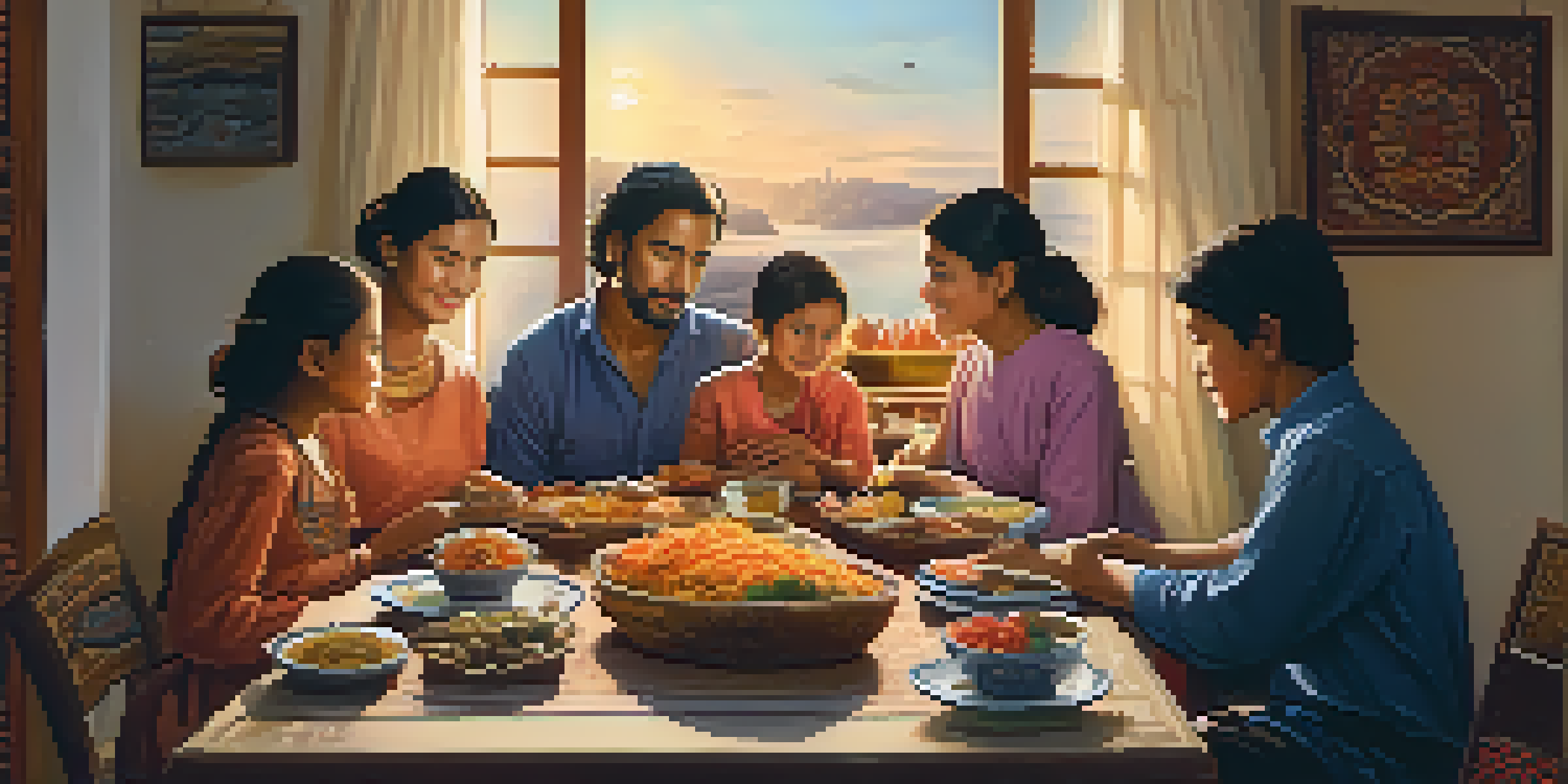 A family gathered around a table filled with food in a cozy home, symbolizing the importance of remittances.