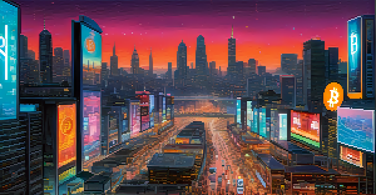 A futuristic city at night with neon lights and digital billboards showing Bitcoin symbols.