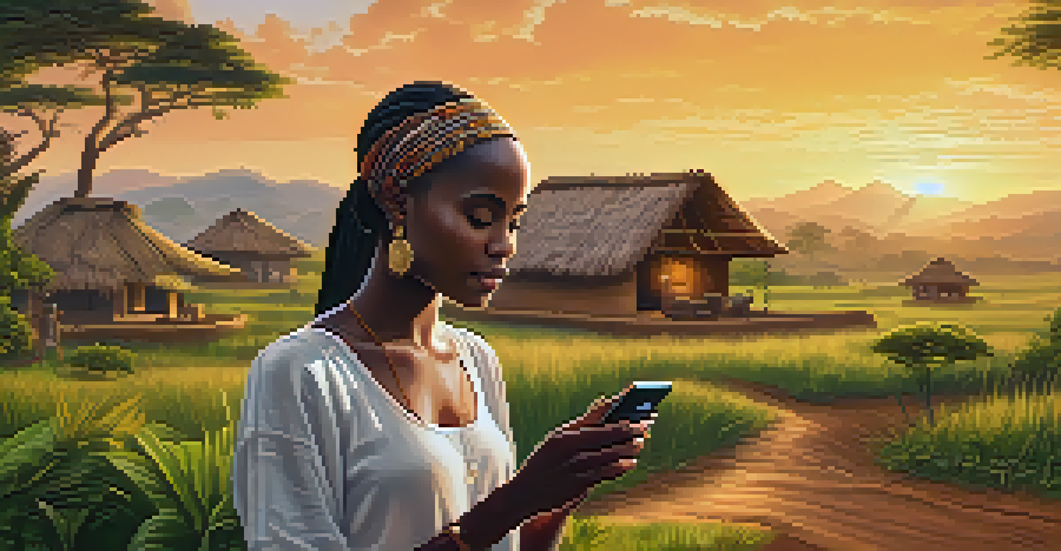 A young African woman using her smartphone in a rural setting, engaging in a Bitcoin transaction against a backdrop of greenery and traditional huts.
