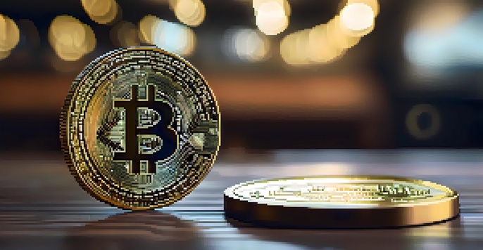 A close-up of a Bitcoin coin on a wooden table, with a digital screen blurred in the background showing cryptocurrency prices.