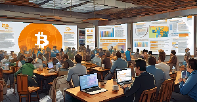 A lively Bitcoin forum scene with developers and miners engaged in discussion over laptops and whiteboards, illuminated by warm light.