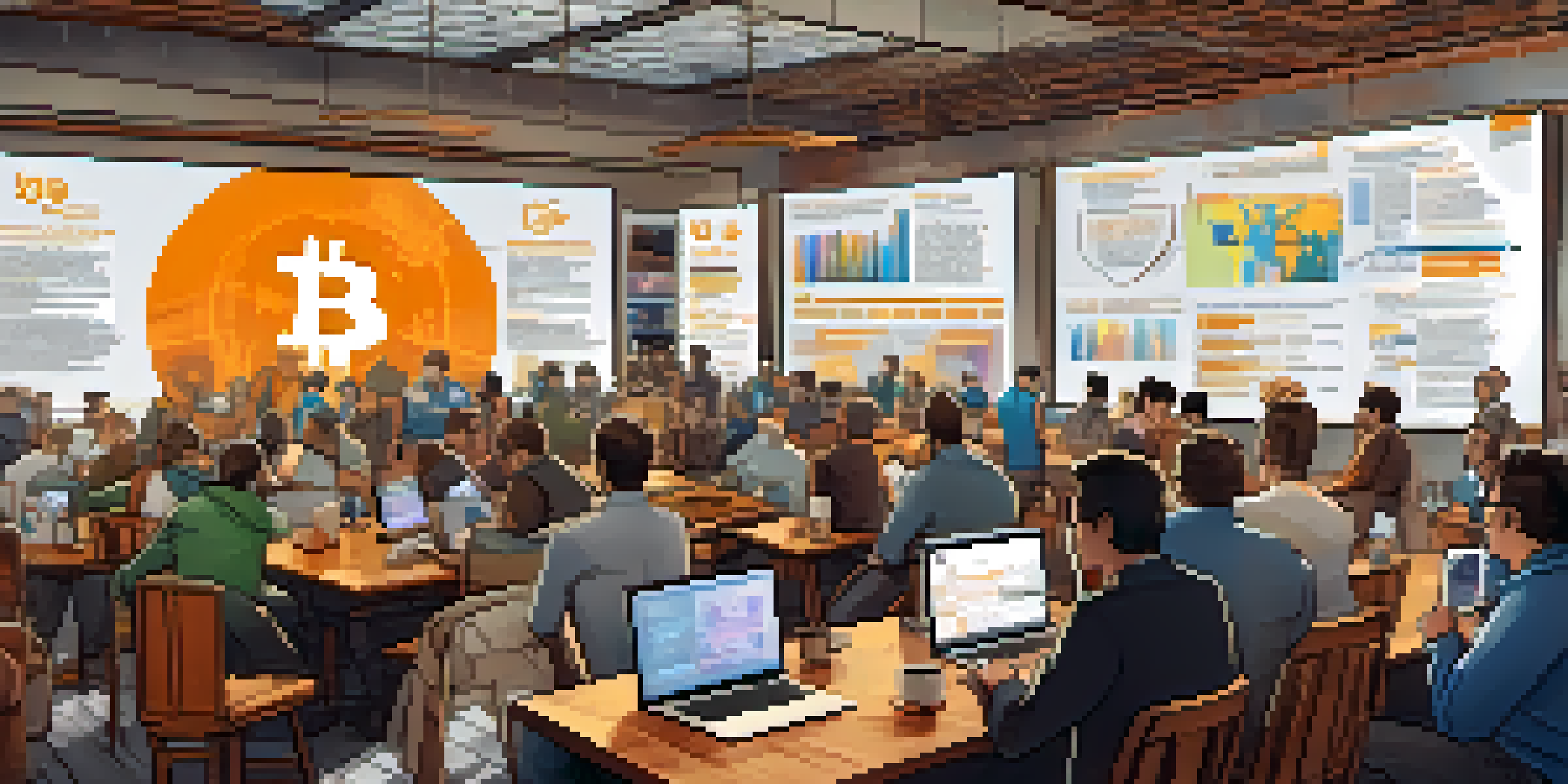 A lively Bitcoin forum scene with developers and miners engaged in discussion over laptops and whiteboards, illuminated by warm light.
