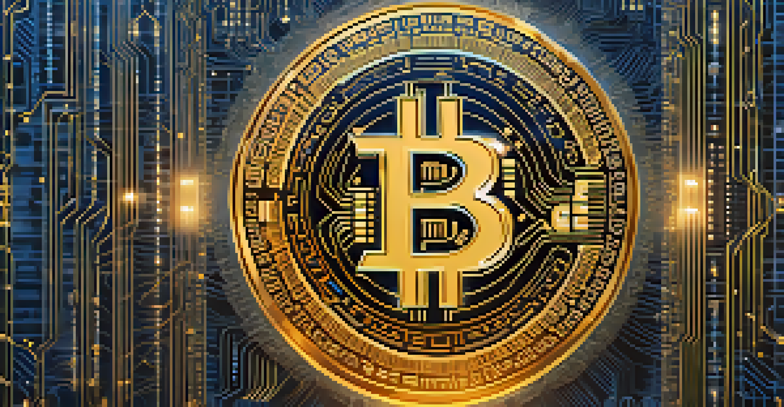 An artistic depiction of a secure digital environment with a glowing Bitcoin symbol and binary code patterns in blue and gold colors.