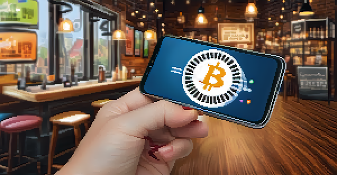 A smartphone showing a Bitcoin wallet app in a coffee shop setting, with people in the background.