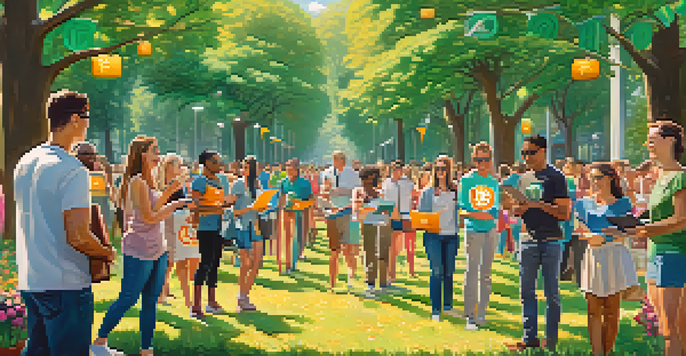 A diverse group of people at a charity event in a park, promoting Bitcoin donations with banners and holding devices showing Bitcoin logos.