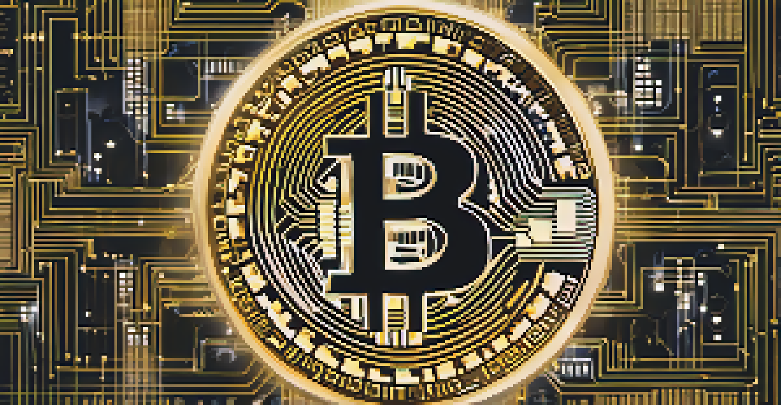 A glowing Bitcoin symbol surrounded by blockchain patterns on a dark background.